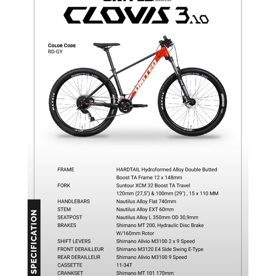 Sepeda Gunung MTB UNITED Clovis 3.10 2x9 Speed Alivio M3100 Fork Suntour XCM32 Boost