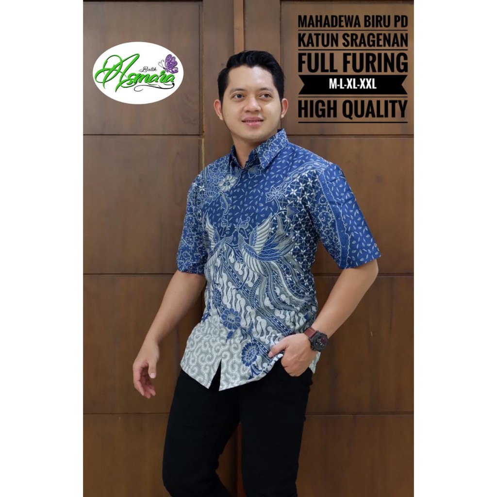 MAHADEWA BIRU PENDEK Kemeja Batik Pria Full Furing Bahan Katun Sragenan