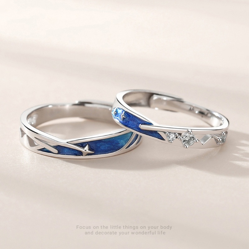 SIY  2Pcs Dainty Sea Blue Meteoric Star Lover Couple Rings Matching Set Promise Wedding Moon Star Ring Bands for Him and Her