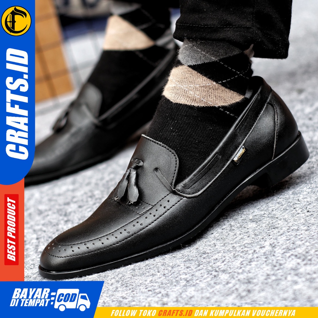 Sepatu Formal Pria Sepatu Pantofel Pria Kulit Asli Slop Sepatu Pantopel Hitam Kerja Kantor CRAFTS DEROSSA