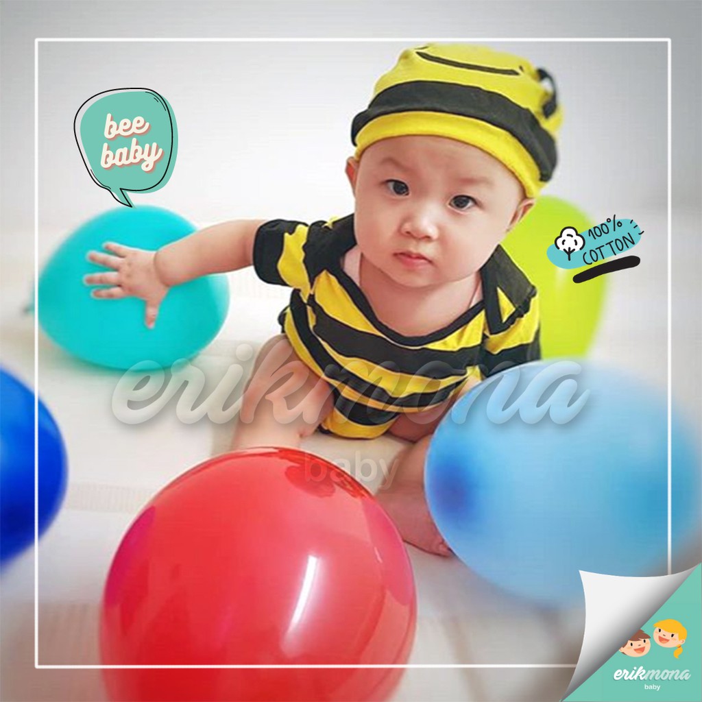 Ermon Baby - Jumper Bayi Laki Laki Perempuan Jumper Baby Cowok Cewek Lucu Karakter Lebah Bee + Topi Usia 0 - 12 Bulan