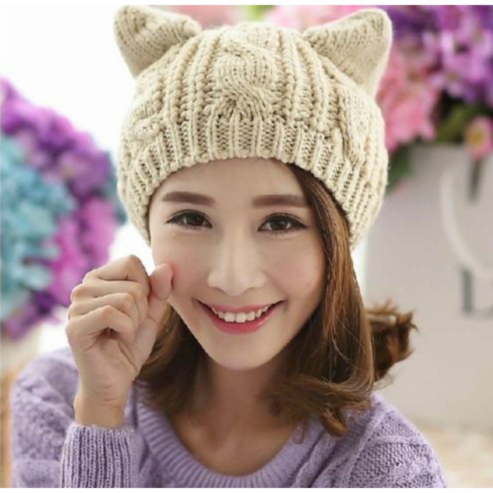 TKCA topi kupluk rajut knit kuping kucing cat nekomimi musim dingin winter korea jepang kpop idol