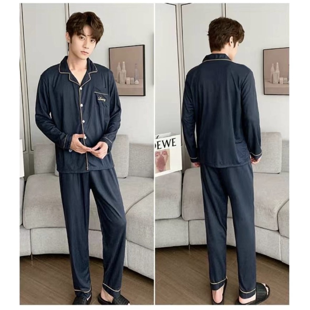 Baju tidur piyama cowok lengan panjang celana panjang bahan kaos import