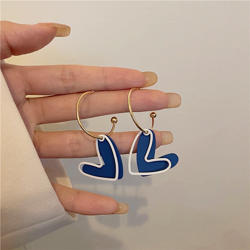 Anting stud Desain Hati Warna Biru Gaya Perancis