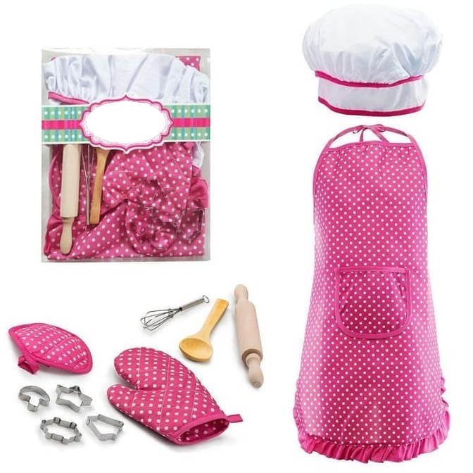 Deluxe Chef Set Pink Apron celemek Topi Koki 11pcs Mainan  