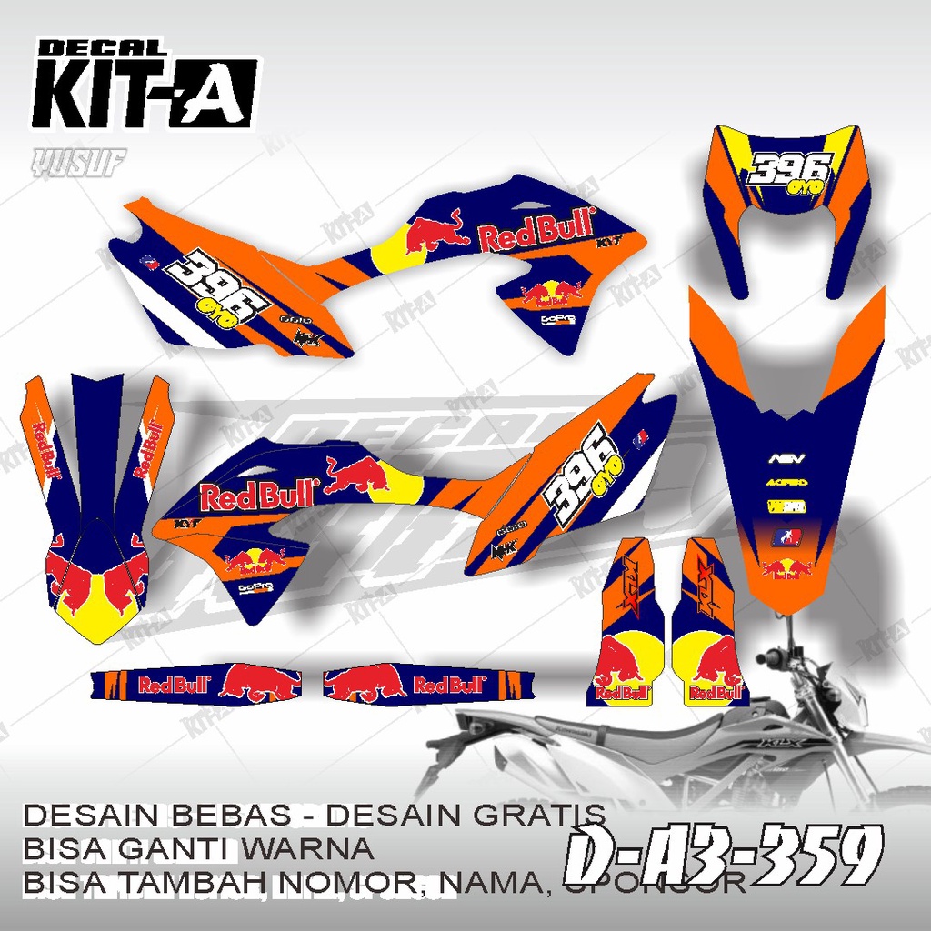 Decal kawasaki KLX 150 BF MOTIF REDBULL ORANGE BIRU D-A3-359