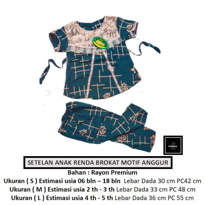 Setelan anak brokat renda celana panjang motif anggur usia 1-6th one set anak