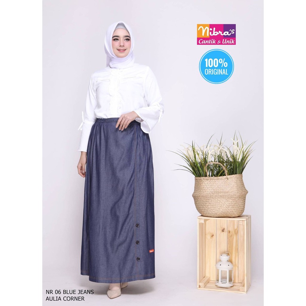 Model Casual Rok Panjang Muslimah Terbaru Nibras NR 06 Blue Jeans ORIGINAL Bawahan Rok Batik