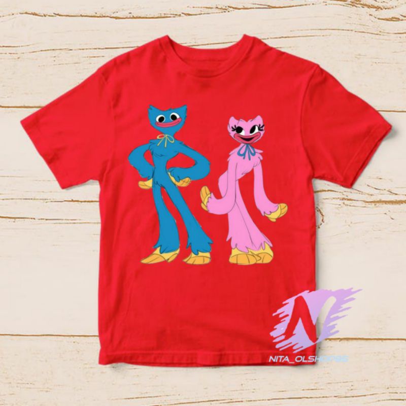 kaos anak huggy wuggy karakter biru dan pink