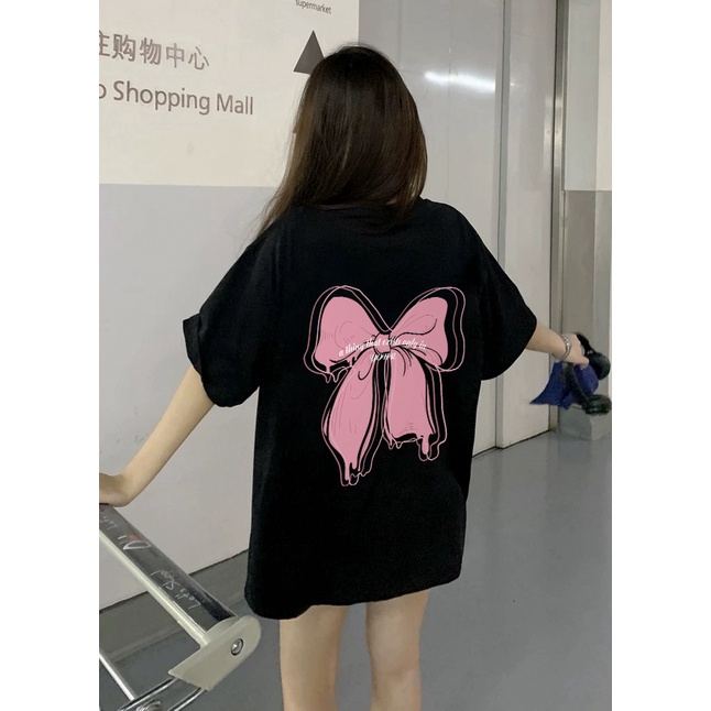 EUNII T-shirt Lengan Pendek Dasi Kupu-kupu Pencetakan Longgar Korean Style /Kaos Atasan Wanita/Baju Kaus Oversize Wanita