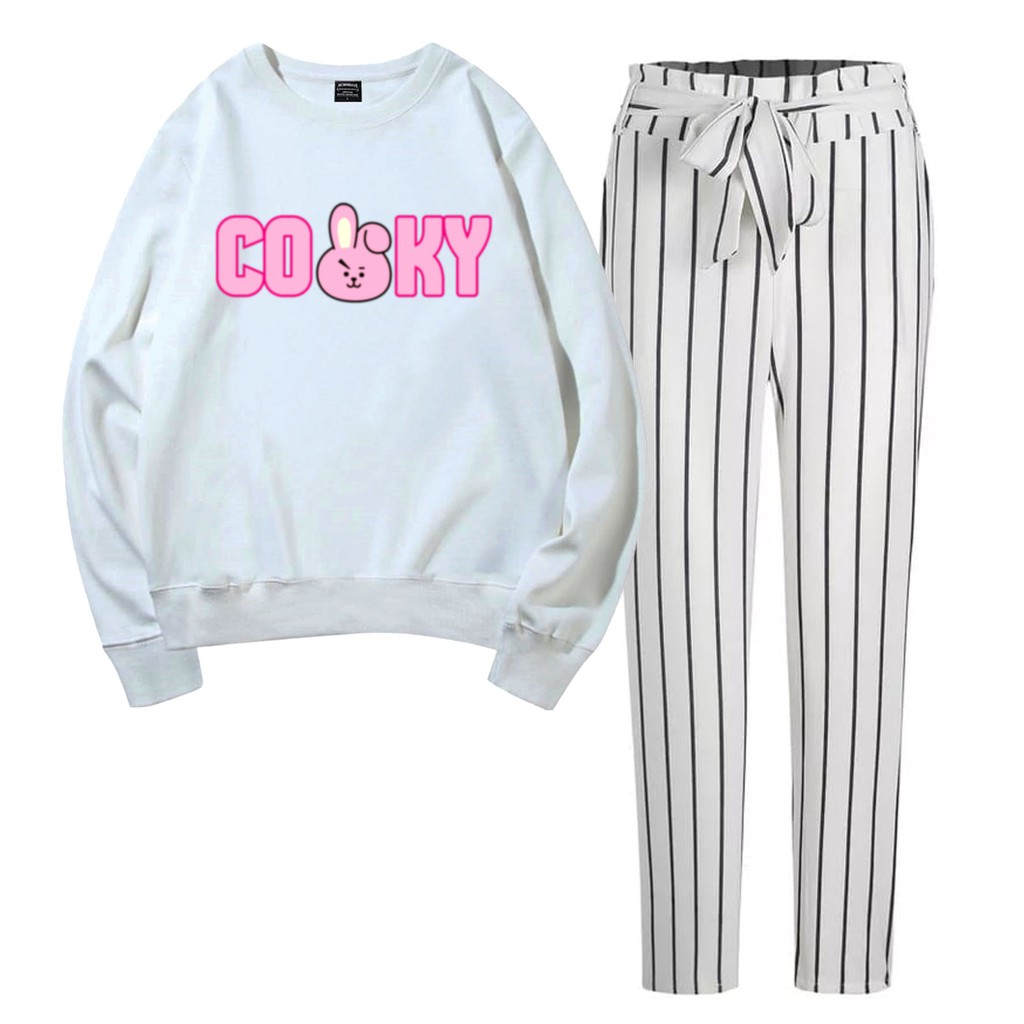 BESS - Baju Setelan Wanita Murah / Setelan Sweater + Celana Salur Putih - CUKY FONT