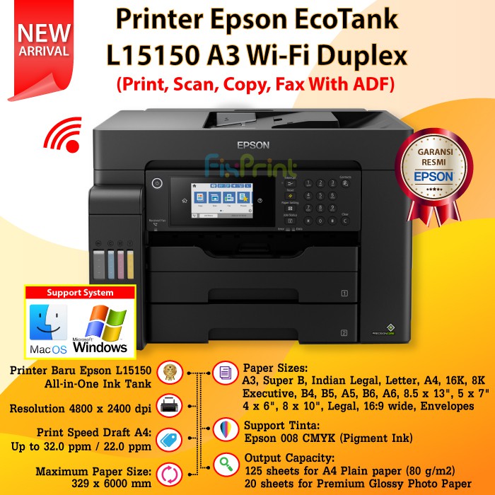 Printer Epson EcoTank L15150 A3 WiFi Duplex Print Scan Copy Fax All In One