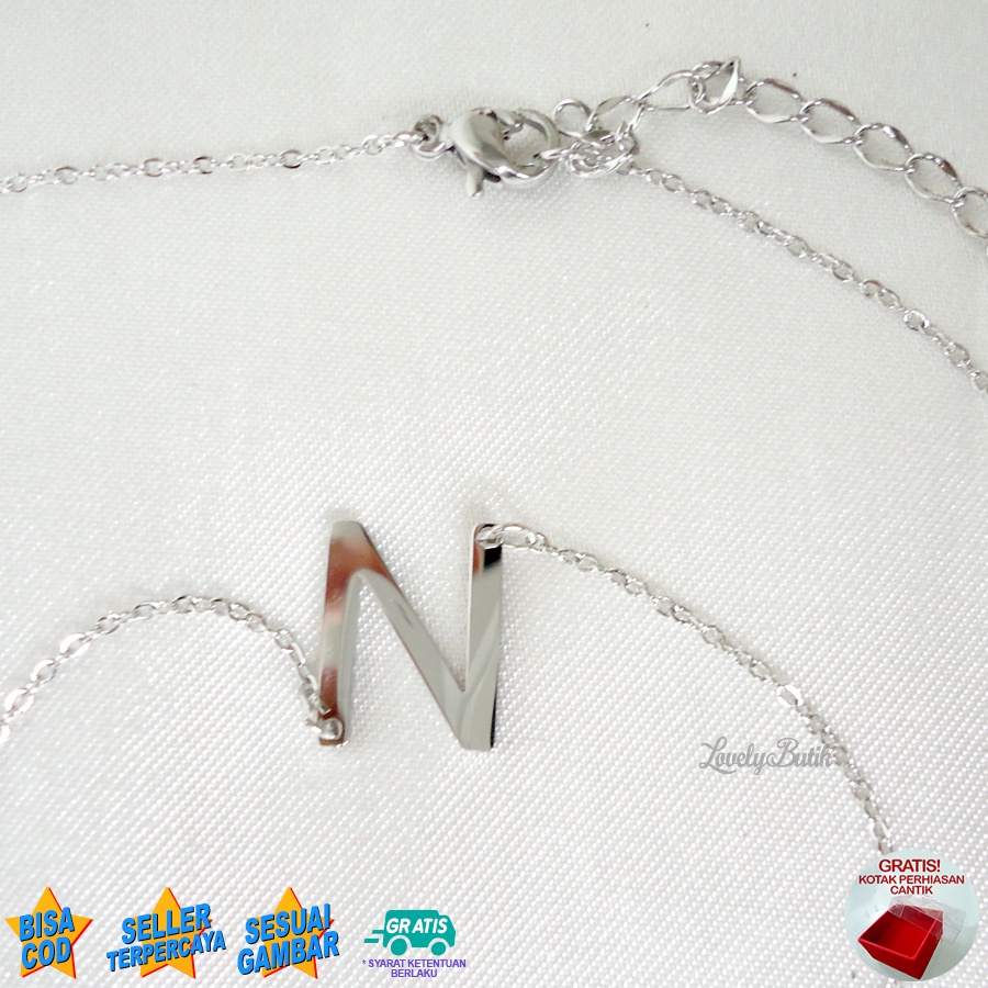 Lovelybutik Kalung Titanium Inisial Abjad L3tters Kalung Alfabet Huruf N,S Bahan Titanium Warna Silver Bonus Kotak Perhiasan