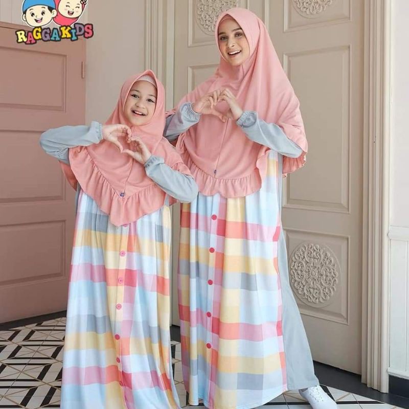 Gamis Couple Keluarga Ibu Anak Raggakids RG42 RGD42 / Gamis Kaos Motif Kotak Terlaris Bahan Premium