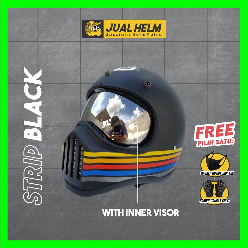 Helm Cakil HBC Strip Black Doff + Inner Visor ( Fullface / Retro / Klasik / Vespa )