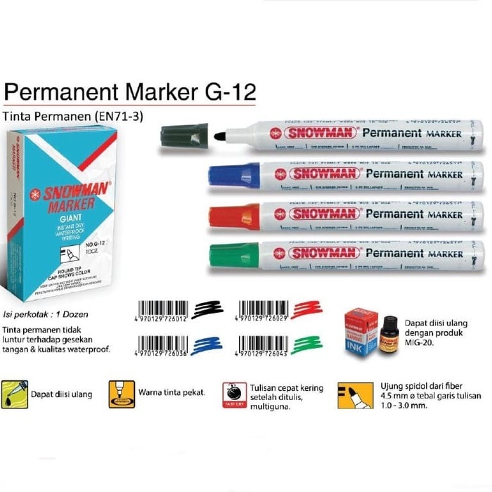

TULIS-ALAT- SPIDOL SNOWMAN PERMANEN G12 / SPIDOL PERMANEN / SEPIDOL SNOWMAN G 12 - MERAH -ALAT-
