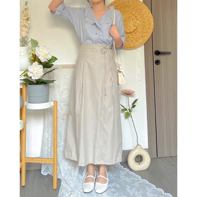 KANON - Mutsuki Skirt - Rok midi karet aksen tali korean look