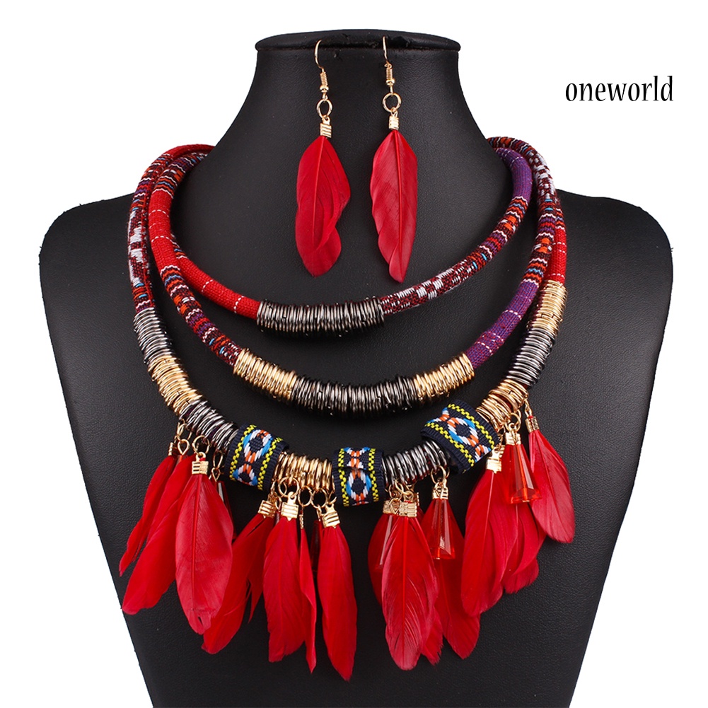 OW@ 2Pcs Feather Tassel Charm Multilayer Choker Lady Statement Necklace Earrings Set