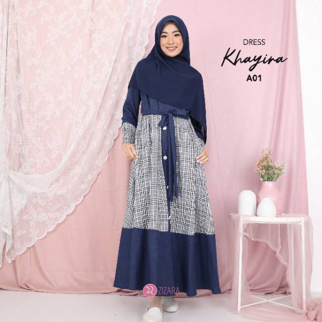 KHAYIRA DRESS BY ZIZARA BUSUI FRIENDLY BAHAN KATUN MADINA MIX LINEN YANDED KOTAK-KOTAK POLOS