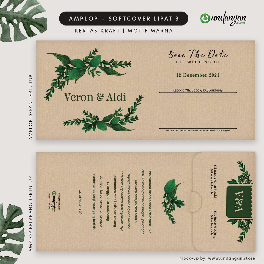 Undangan Pernikahan Amplop + Softcover Lipat Tiga Rustic Unik Kekinian