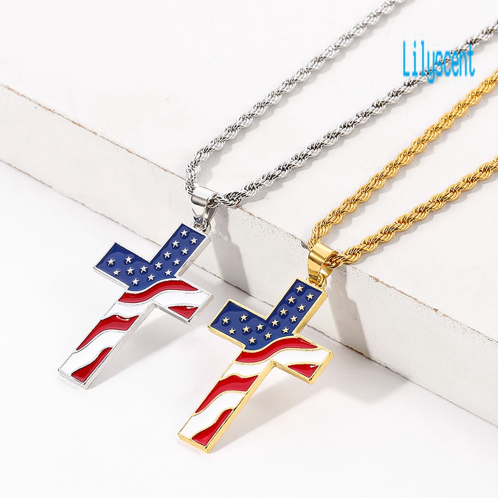 Lily Kalung Rantai Liontin Salib Motif Print Bendera Amerika / National Warna-Warni Untuk Pria