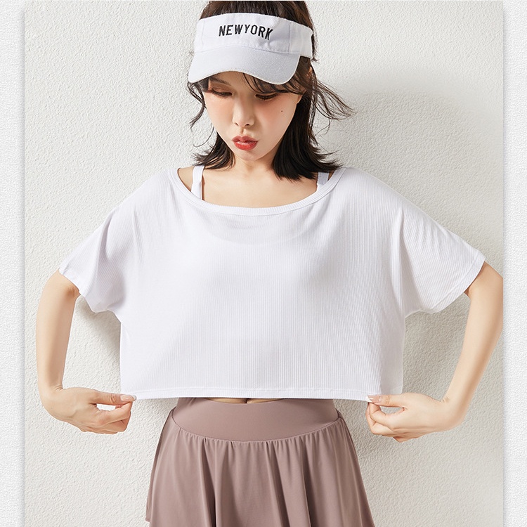 [Spot] Kaos Olahraga Pendek Wanita Crop Tee Gym Dance Cropped Pusar Nyaman Sweatshirt Lengan Pendek Longgar Pakaian Yoga-2