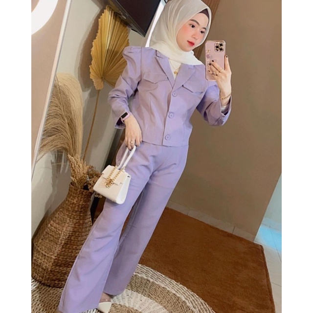 one set import blazer celana cutbray Nabila Ready warna Lilac muda