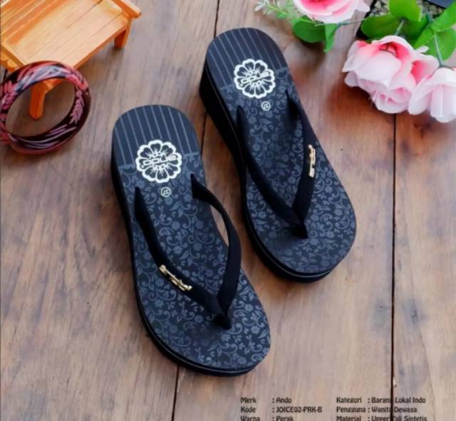 Sandal Jepit Hak Tinggi 6 cm Cewek Kekinian Asli Original Ando Joice Wedges Hitam Size 36-40 Premium Berkualitas