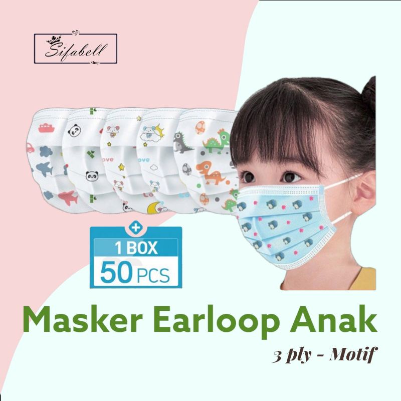 Masker Anak 3ply karakter Disposable Mask Kids Earloop Isi 50 Pcs