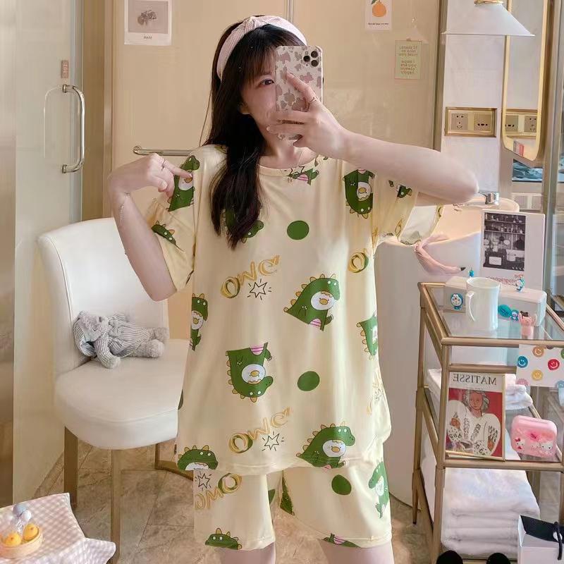 Piyama Baju Tidur Import Wanita Fashion Sleepwear Spandex Stelan Rumah Baju Santai Celana Pendek z-HP-Dino Hijau