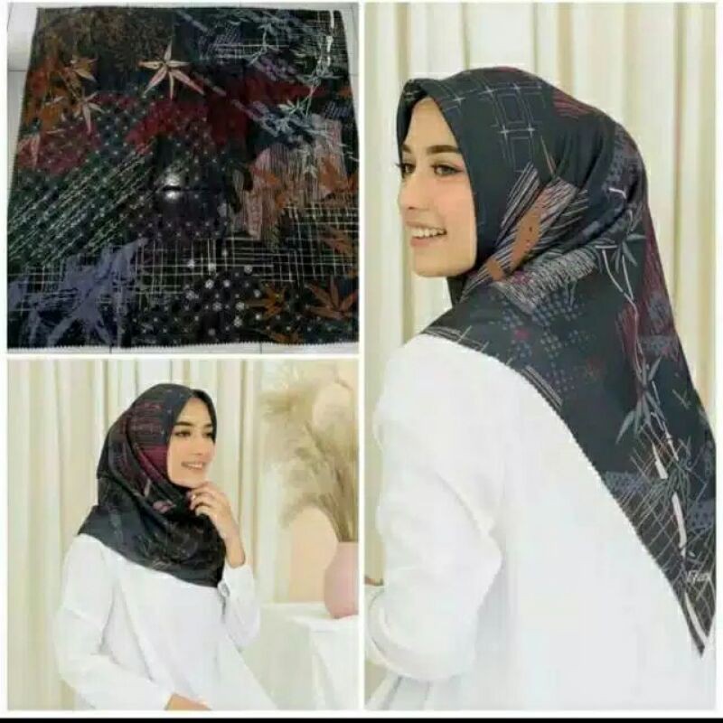 hijab segiempat motif Deenay bunga hitam