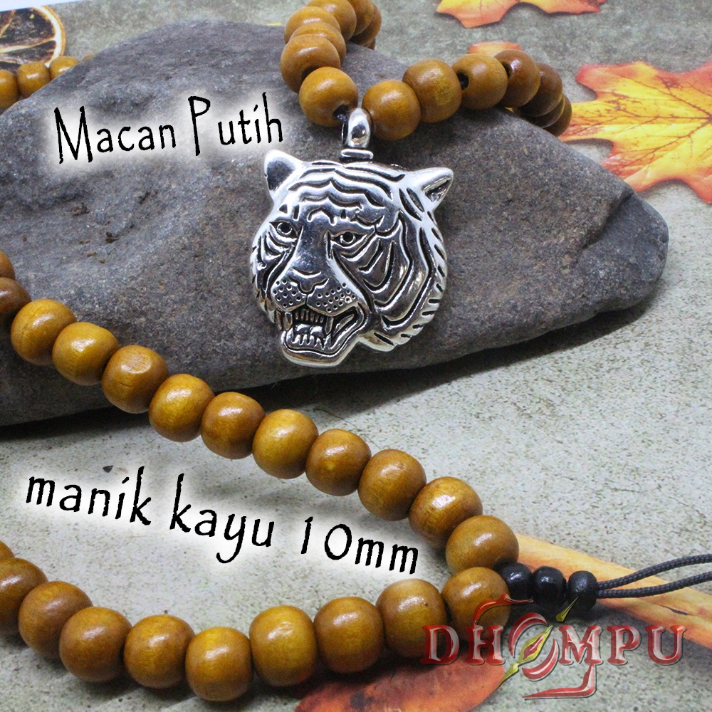 Kalung Liontin Charm Bandul MACAN PUTIH HARIMAU MAUNG Tali korea tali biji lada titanium manik kayu 