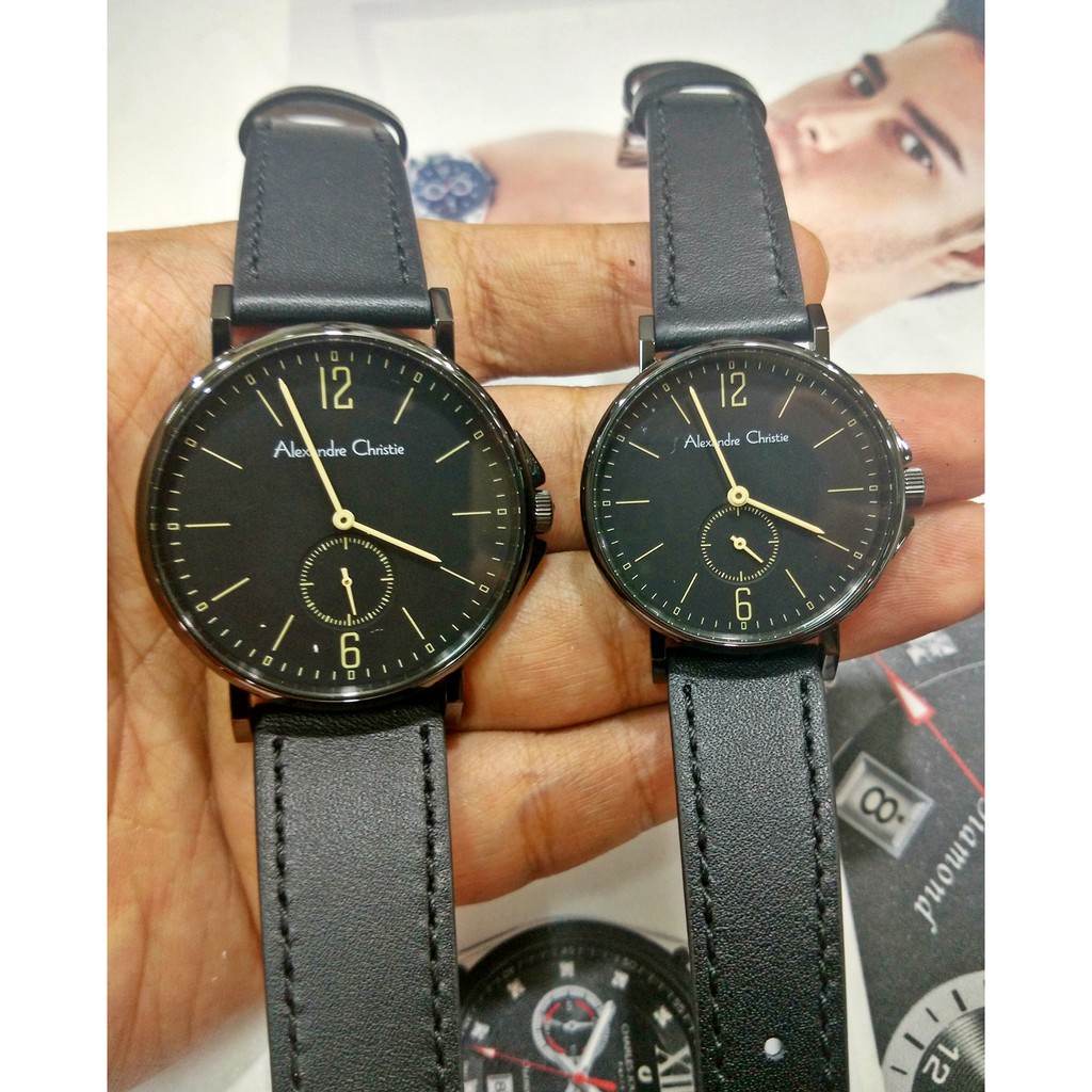 Jam Tangan Couple Alexandre Christie Ac 8458 FULLBLACK Leather ORIGINAL