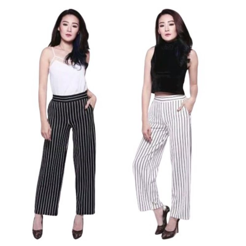 CELANA KULOT CREPE SALUR / STIPE PANTS - celana kulot panjang saku kantong garis kecil