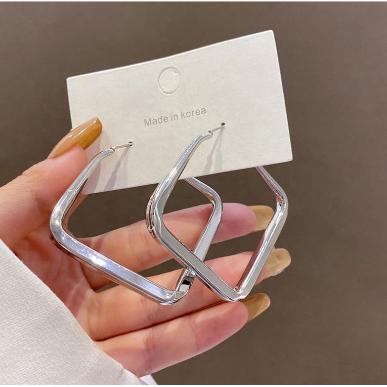 Anting Geometris Besar Anti Karat Bentuk Kotak warna Gold Silver Anting Titanium 5.8cm Hoop Earrings-1