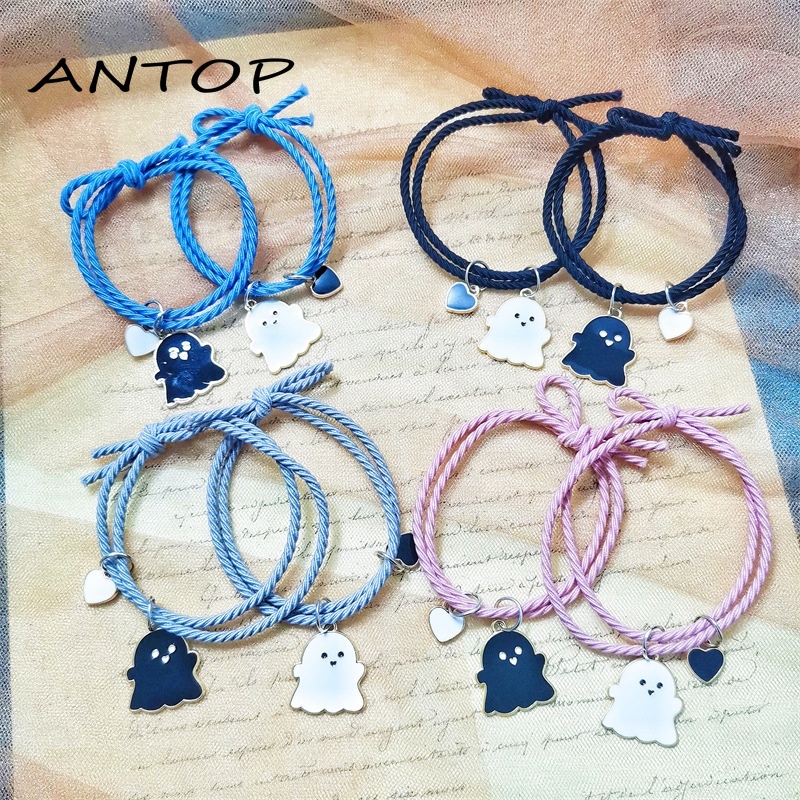 2Pcs Gelang Couple Pasangan Hitam Tenun/Lucu Hantu Magnet Kapel Persahabatan Wanita Dan Pria Adjustable Gelang