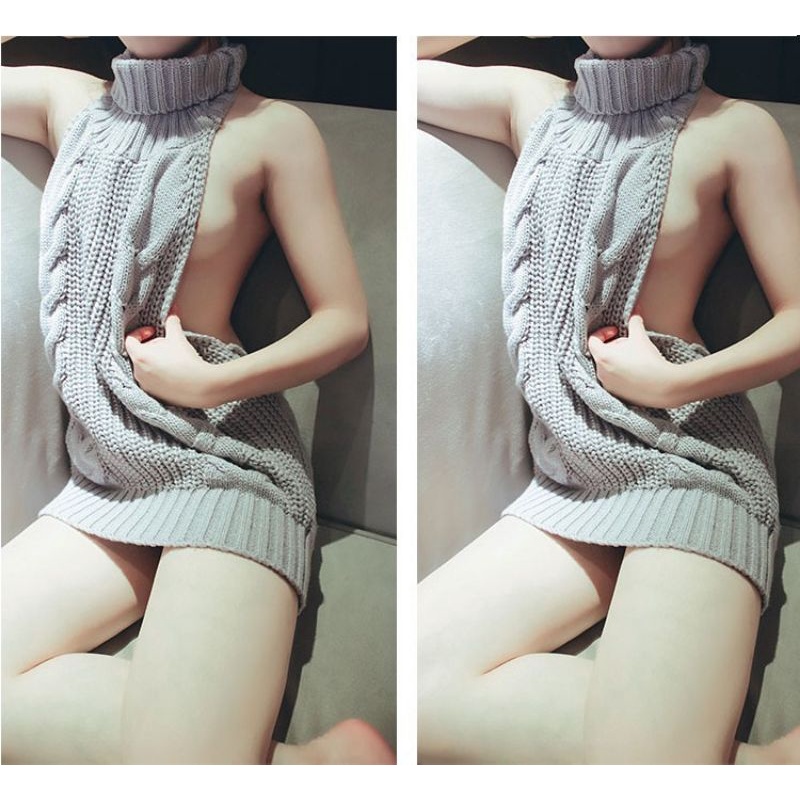 Sweater Virgin Killer Backless Halter neck Sexy Korea Cosplay Dress Rajut