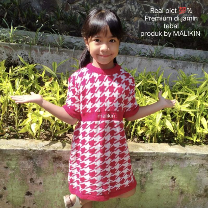 MALIKIN DRESS ANAK HOUNDSTOOTH 4-5-6 TAHUN/DRESS ANAK/DRESS RAJUT ANAK