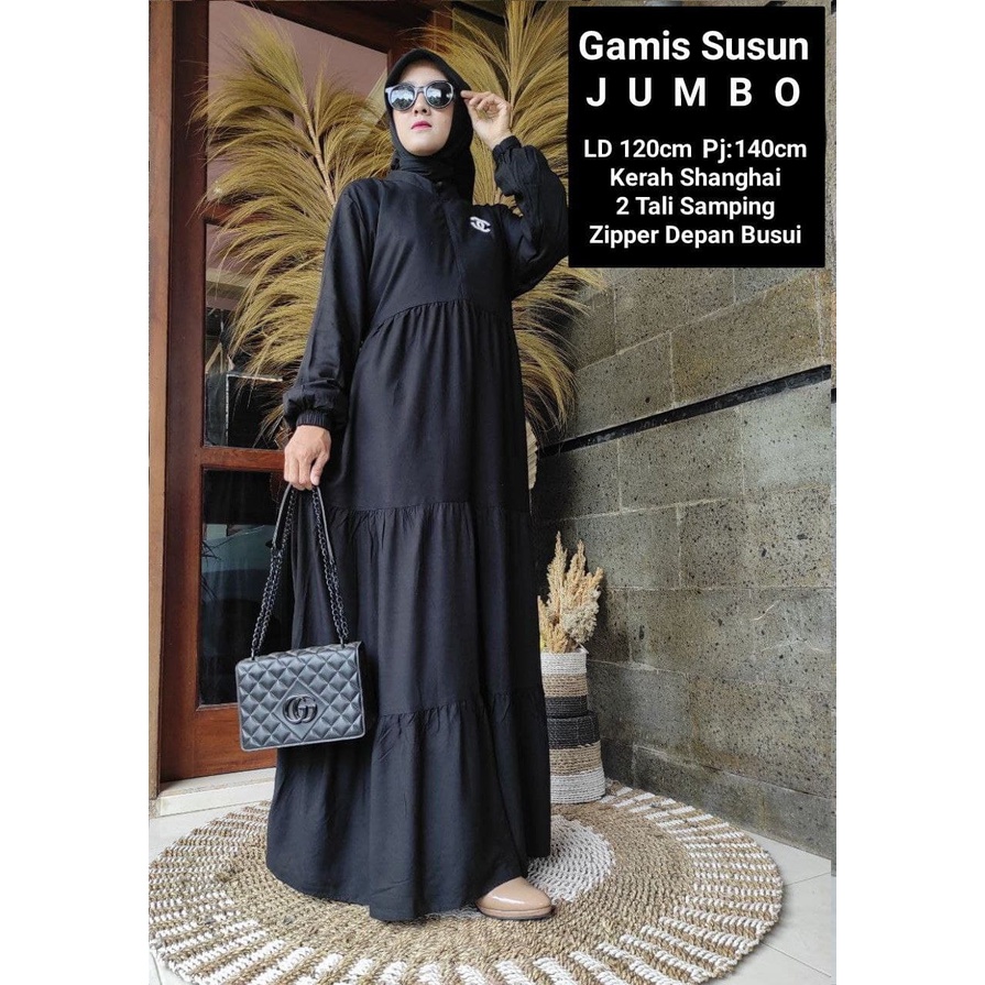 Gamis Susun Jumbo Polos Rayon Premium Dress Wanita Lengan Panjang Longdress Plain Bigsize LD 120 cm