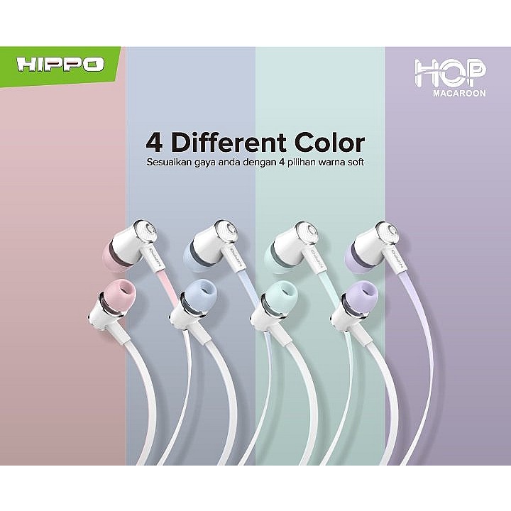 Hippo Earphone Hop Macaroon Super Bass Jack 3.5 mm Wired Handsfree Android Original Earbuds Headset