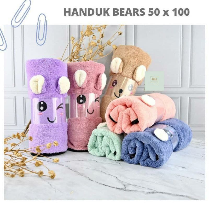 Handuk Mandi Anak / Bayi Microfiber Kuping Timbul Motif Shiba Lembut 50x100cm Daya Serap Tinggi