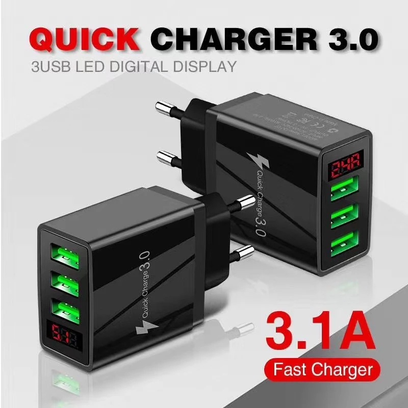 Adapter Charger 3 Port Usb 3.0 Fast Charging Display Digital Led Untuk Tablet / Handphone Eu / Us / Uk