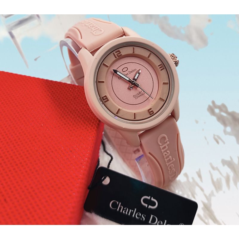 JAM TANGAN WANITA CEWEK KEREN CANTIK CHARLES DELLON ORIGINAL TALI RUBBER NEW