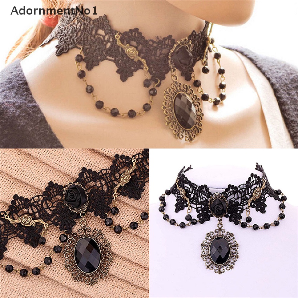 (AdornmentNo1) Kalung Choker Lace Bunga Mawar Hitam Gaya Gothic Untuk Wanita