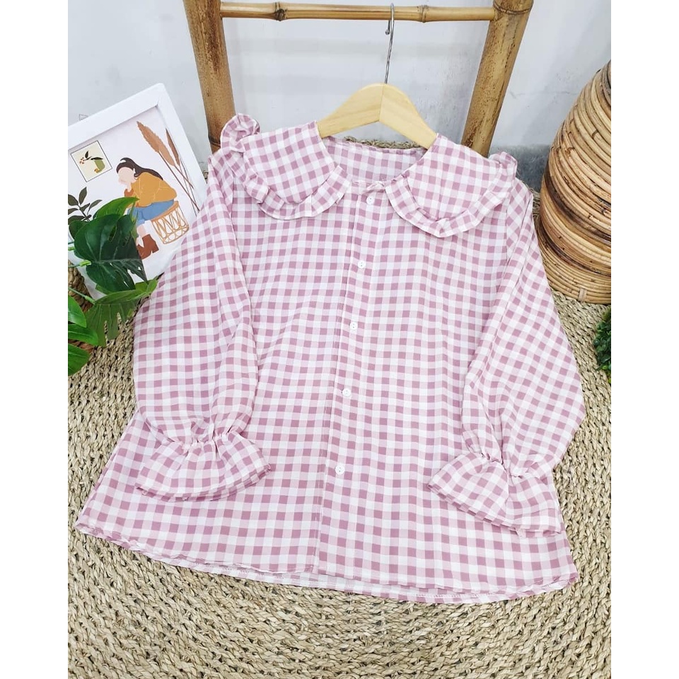 BLOUSE BALON MIZU TARTAN /Una Top KEMEJA REMPEL LORI SHIRT / BLOUSE TARTAN KOTAK OVERSIZE-6