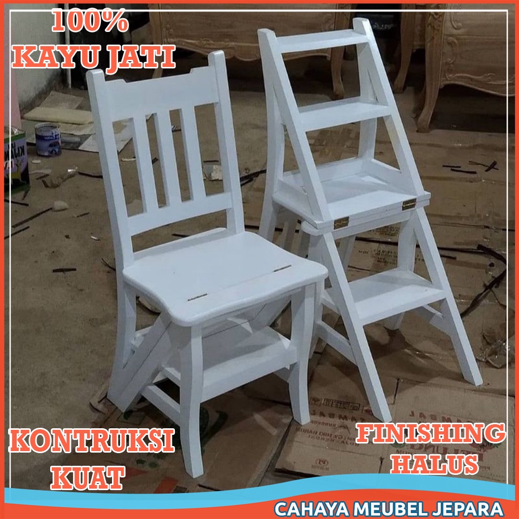 TERMURAH  Kursi Tangga Lipat Kayu Jati Serba Guna Cat Duco Putih Multifungsi Library Chair Perpustak