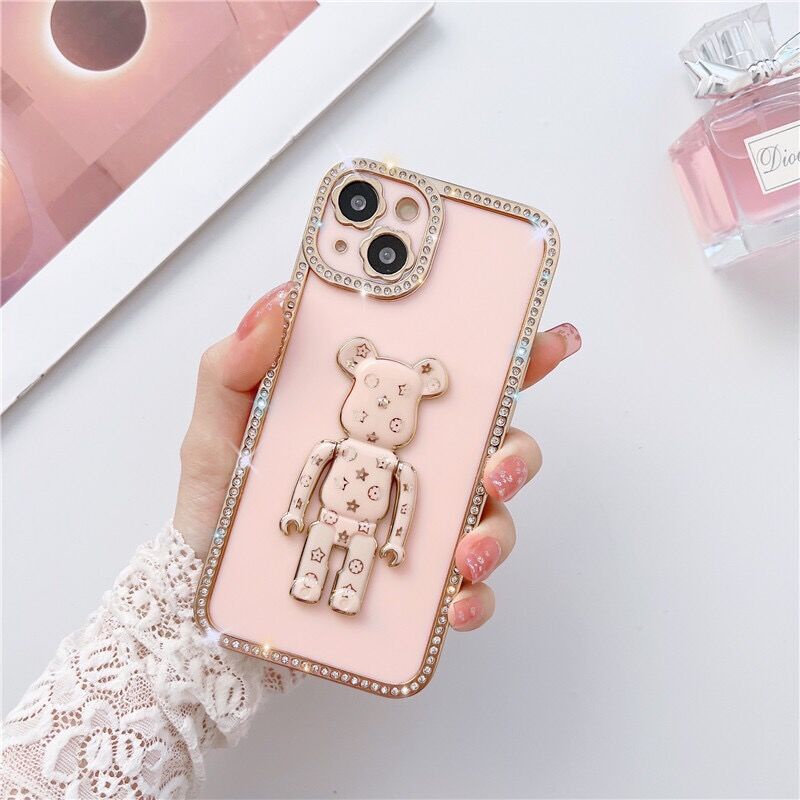 Case Pelindung Lensa electroplating Desain Beruang Aksen Berlian Imitasi Untuk Iphone 13 pro max 11 12 pro