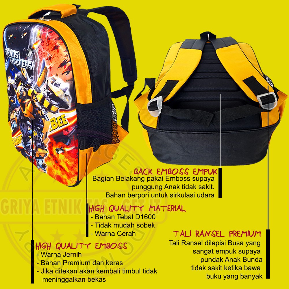 Tas Sekolah Anak Laki Transformers Bumblebee Gambar Timbul - Tas Anak Karakter Spiderman Premium