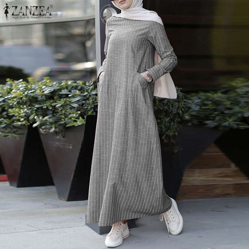 ZANZEA Muslim Women O-neck Striped Long Sleeve Pockets Dress