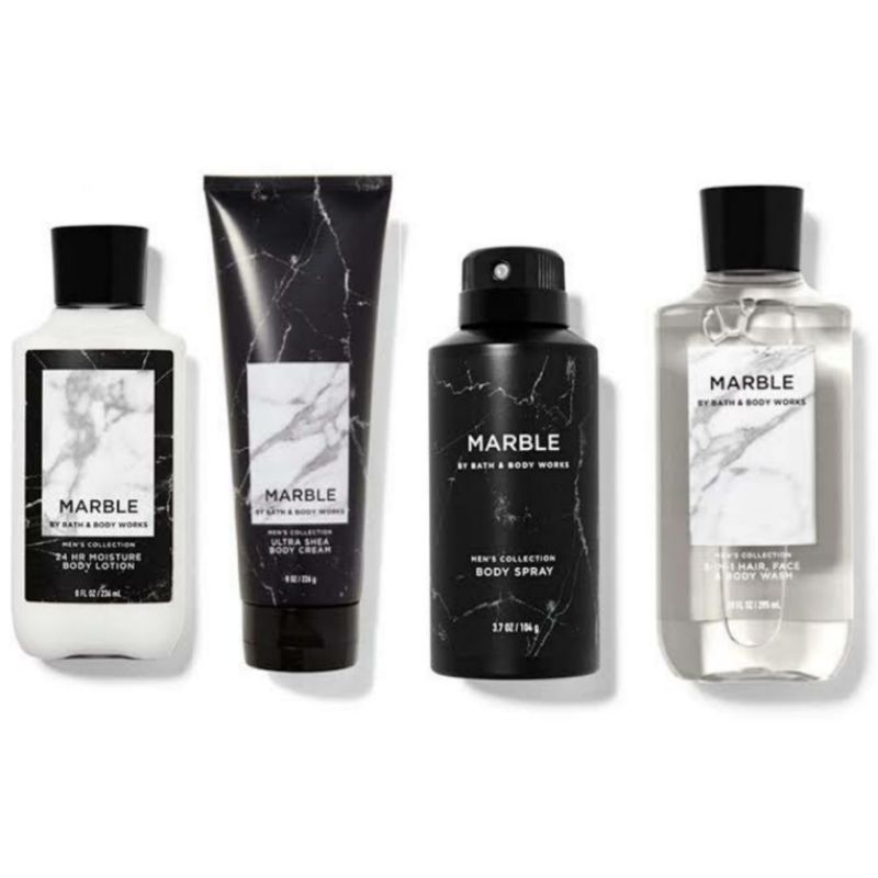 BATH AND BODY WORKS BBW MARBLE MENS COLLECTION SERIES BODY CREAM 226 G &amp; 70 G 2IN1 3IN1 HAIR , FACE &amp; BODY WASH 295 ML &amp; 88 ML DEODORIZING BODY SPRAY 104 G MINI COLOGNE 100 G &amp; 15 ML SHAVE GEL 191 G ROOMSPRAY 42,5 G POCKETBAC HANDCREAM 29 ML